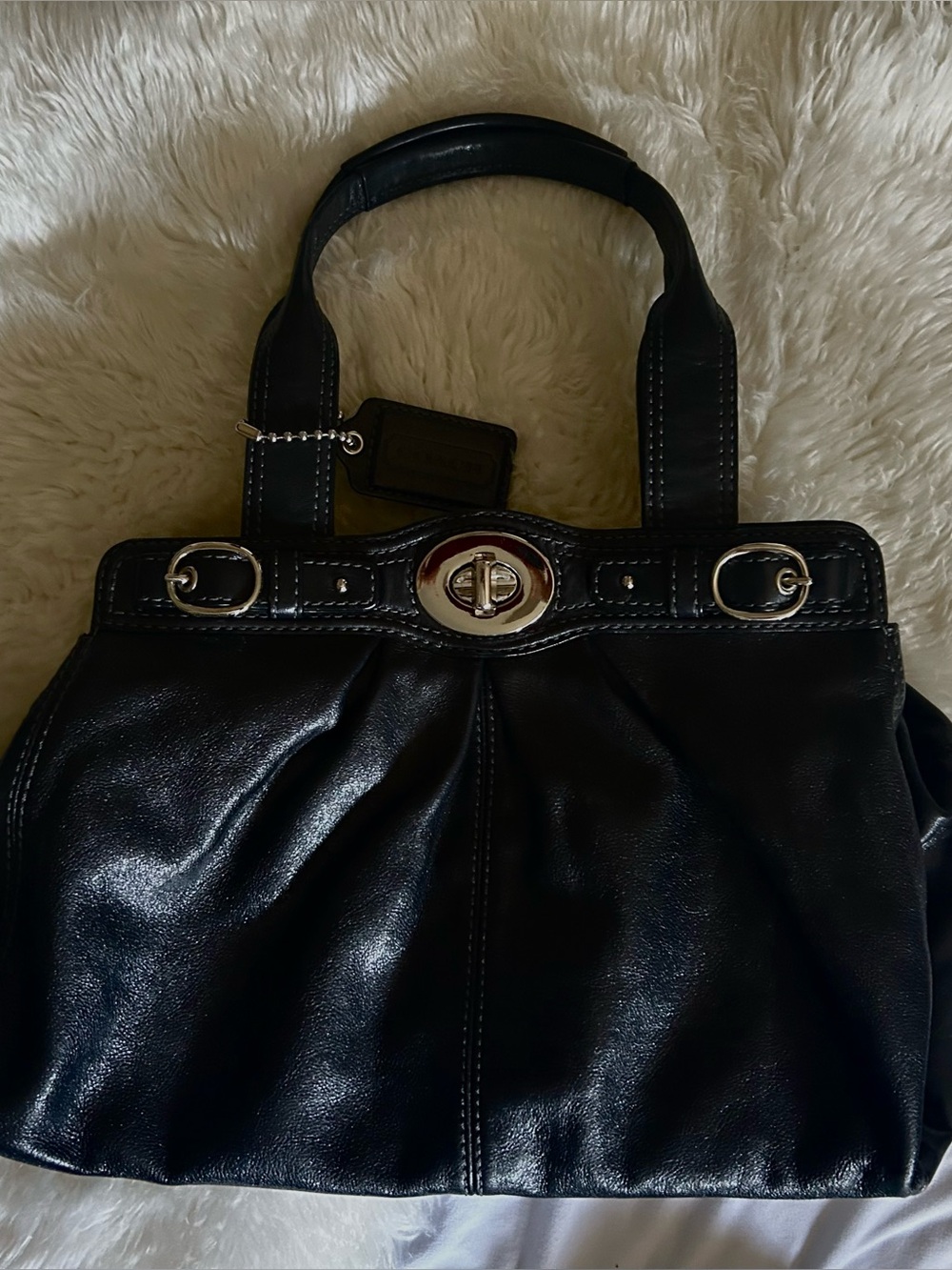 Coach Pleated Black Leather Garnet Satchel Bag